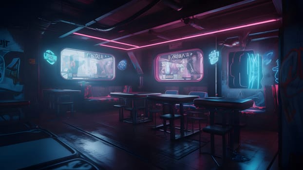 cyberpunk style bar dark interior concept with neon lights. Neural network generated in May 2023. Not based on any actual person, scene or pattern.