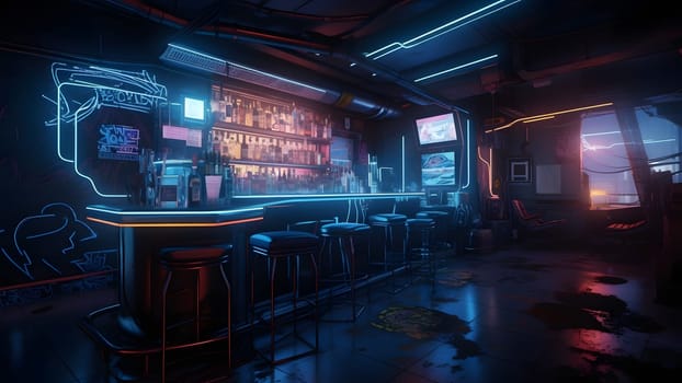 cyberpunk style bar dark interior concept with neon lights. Neural network generated in May 2023. Not based on any actual person, scene or pattern.
