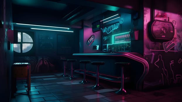 cyberpunk style bar dark interior concept with neon lights. Neural network generated in May 2023. Not based on any actual person, scene or pattern.