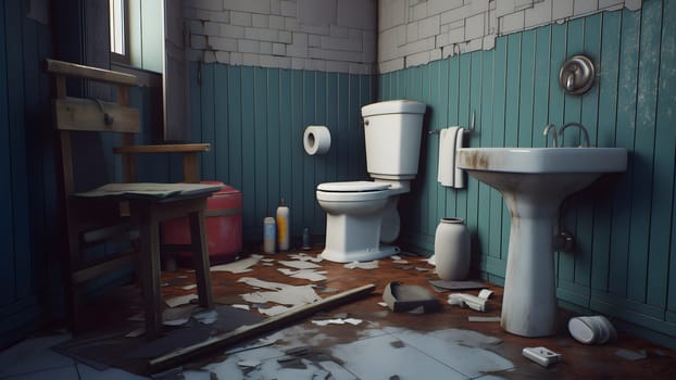 old dirty and neglected abandoned toilet room. Neural network generated in May 2023. Not based on any actual scene or pattern.