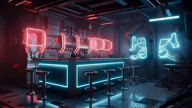 cyberpunk style bar dark interior concept with neon lights. Neural network generated in May 2023. Not based on any actual person, scene or pattern.