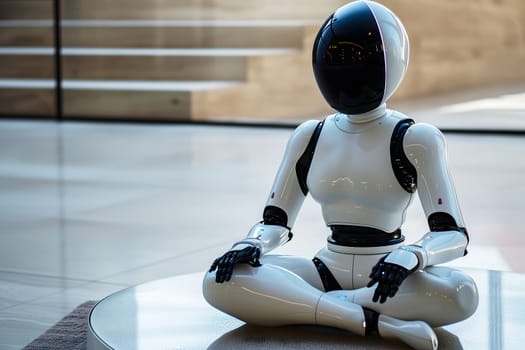 Android sitting in lotus position. Neural network generated image. Not based on any actual person or scene.