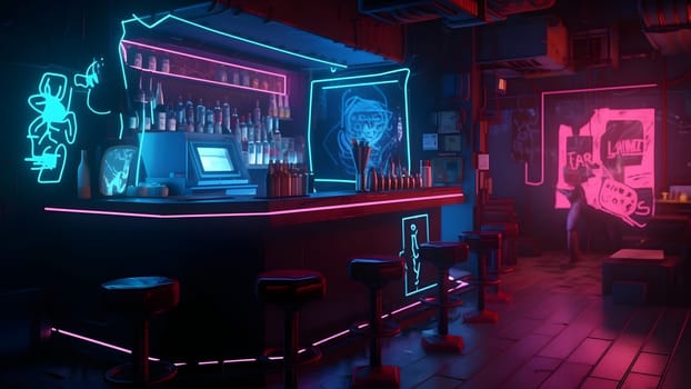 cyberpunk style bar dark interior concept with neon lights. Neural network generated in May 2023. Not based on any actual person, scene or pattern.