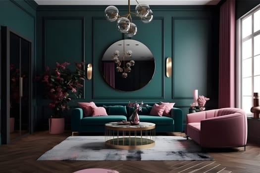 Deep color designed home interior. Neural network generated in May 2023. Not based on any actual scene or pattern.