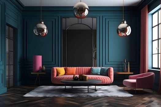 Deep color designed home interior. Neural network generated in May 2023. Not based on any actual scene or pattern.