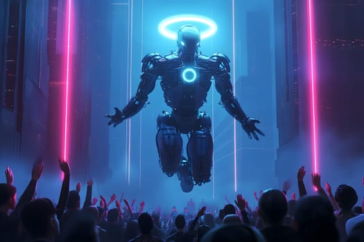Cyber god in front of their adepts for artificial super intelligence encounter. Neural network generated image. Not based on any actual person or scene.