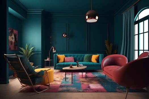 Deep color designed home interior. Neural network generated in May 2023. Not based on any actual scene or pattern.