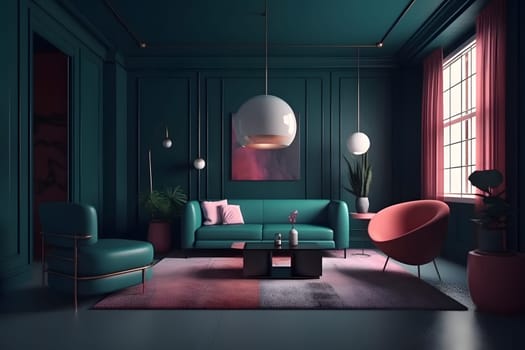 Deep color designed home interior. Neural network generated in May 2023. Not based on any actual scene or pattern.