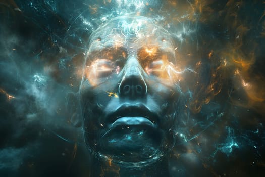 glowing humanoid supernatural face for AI or AGI - Artificial General Intelligence - or - ASI Artificial Super Intelligence - god concept