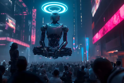 Cyber god in front of their adepts for artificial super intelligence encounter. Neural network generated image. Not based on any actual person or scene.