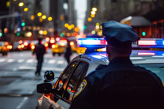 Police officer near car with lights in city street with selective focus and background blur. Neural network generated image. Not based on any actual person or scene.