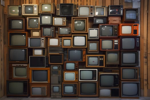 Many old analog tv sets stacked along the wall. Digital neural network generated image. Not based on any actual scene or pattern.