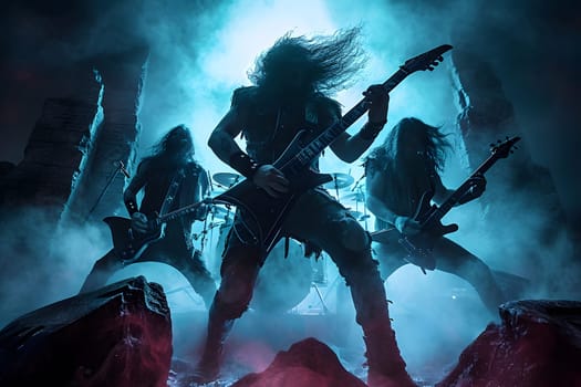 hellish rock musicians band with electric guitars in a rock world/ Digitally generated image. Not based on any actual person, scene or pattern.