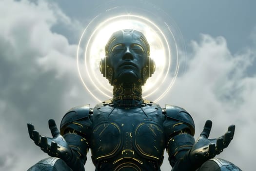 android with around head on sky with clouds background, AI god concept.