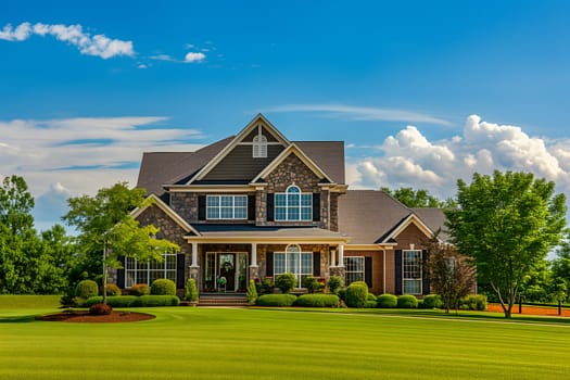 Gorgeous American dream house at sunny summer day with lawn and greenery around. Neural network generated image. Not based on any actual person or scene.