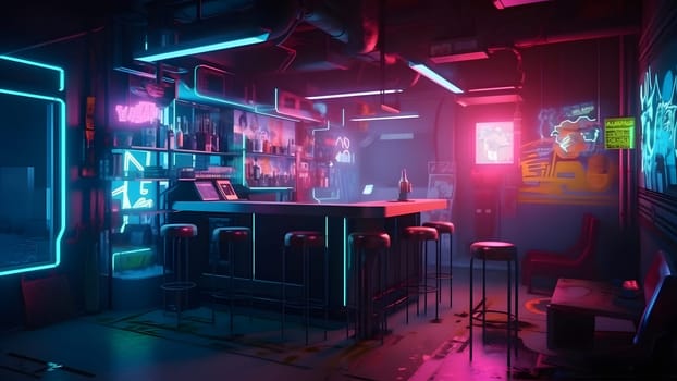 cyberpunk style bar dark interior concept with neon lights. Neural network generated in May 2023. Not based on any actual person, scene or pattern.