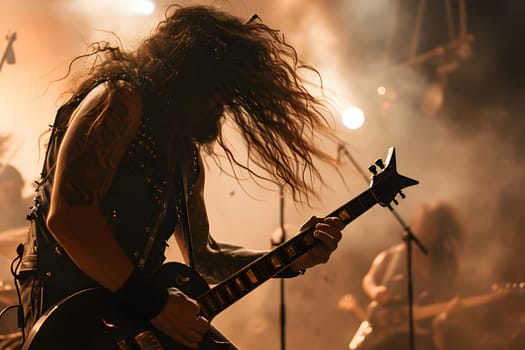 Long-haired rock musician with electric guitar playing in dark smoke with orange lighting. Neural network generated image. Not based on any actual person or scene.