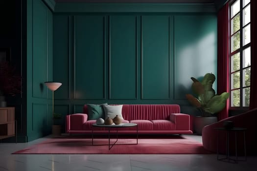Deep color designed home interior. Neural network generated in May 2023. Not based on any actual scene or pattern.