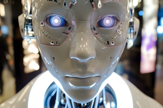 white anthropomorphic robot with blue glowing eyes portrait looking into camera.