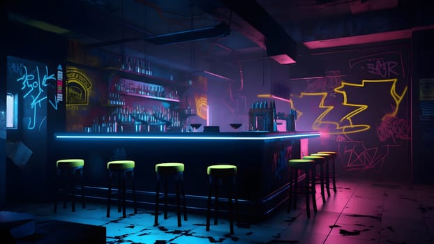 cyberpunk style bar dark interior concept with neon lights. Neural network generated in May 2023. Not based on any actual person, scene or pattern.
