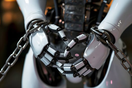 Robot hands shackled in chains for the concept of constraints and regulation of artificial intelligence. Neural network generated image. Not based on any actual person or scene.