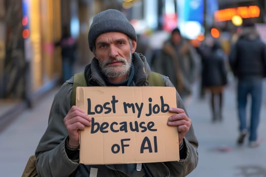 Replaced poor man on the street holding cardboard sign Lost my job because of AI. AI inflicted unemployment concept. Neural network generated image. Not based on any actual person or scene.