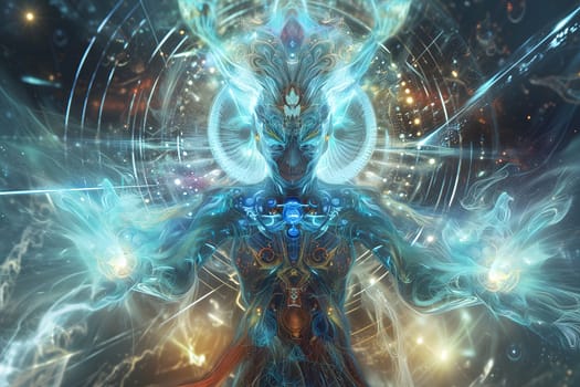glowing humanoid supernatural figure for AI or AGI - Artificial General Intelligence - or - ASI Artificial Super Intelligence - god concept