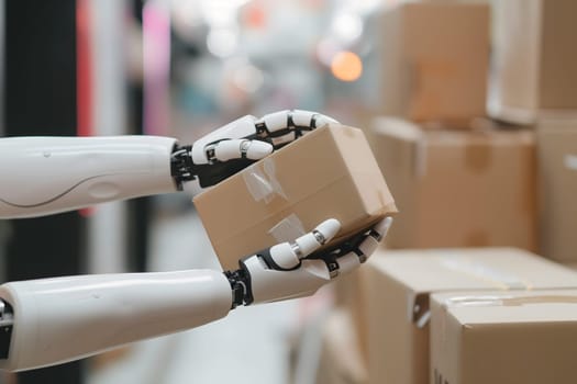 robot hands holding giving cardboard box. Neural network generated image. Not based on any actual person or scene.