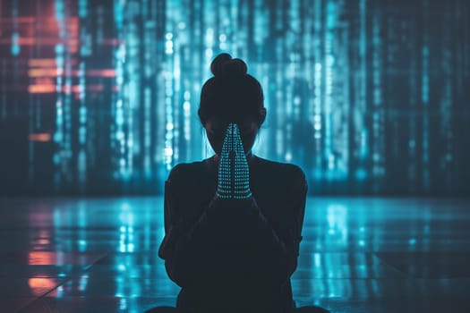 Human praying to AI god with glowing blue symbols in the background. Neural network generated image. Not based on any actual person or scene.