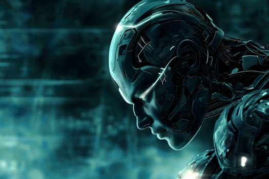 Android head on abstract cybernetic data background. Neural network generated image. Not based on any actual person or scene.