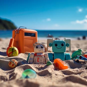 Various children's toys in the sand generated by artificial intelligence