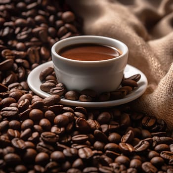A cup of coffee with coffee beans generated by artificial intelligence