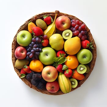 A fruit basket on a white background generated by artificial intelligence