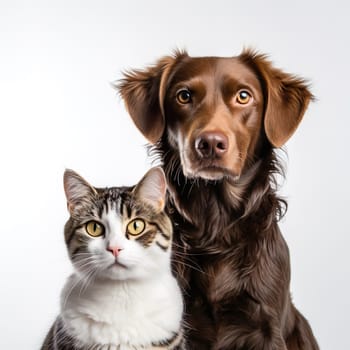 Animal friendship - a cat and a dog sitting peacefully together generated by artificial intelligence