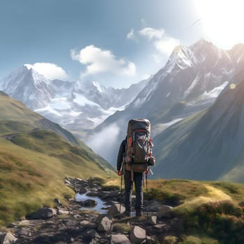 A hiker with a large rucksack in a beautiful mountain landscape generated by artificial intelligence