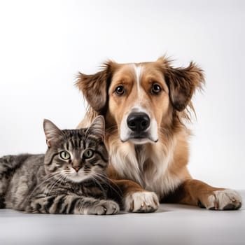Animal friendship - a cat and a dog sitting peacefully together generated by artificial intelligence