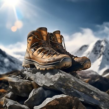 Photo of hiking boots standing in a mountain landscape generated by artificial intelligence