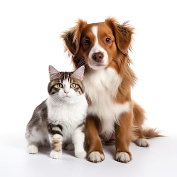 Animal friendship - a cat and a dog sitting peacefully together generated by artificial intelligence