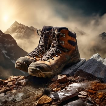 Photo of hiking boots standing in a mountain landscape generated by artificial intelligence