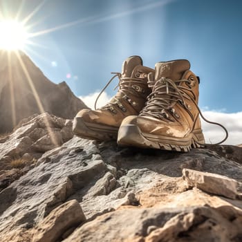 Photo of hiking boots standing in a mountain landscape generated by artificial intelligence