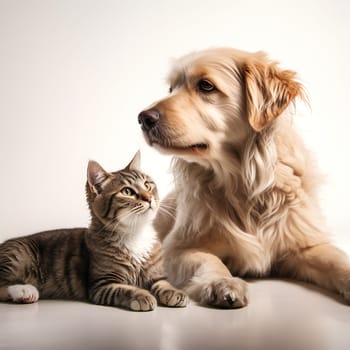 Animal friendship - a cat and a dog sitting peacefully together generated by artificial intelligence