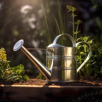 Photo with a beautiful silver watering can generated by artificial intelligence