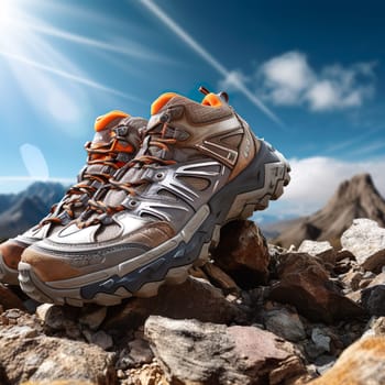 Photo of hiking boots standing in a mountain landscape generated by artificial intelligence