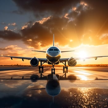 An airplane on the tarmac at sunset generated by artificial intelligence