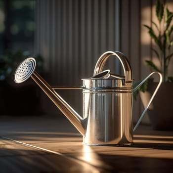 Photo with a beautiful silver watering can generated by artificial intelligence