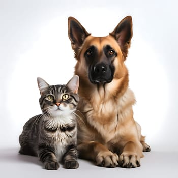 Animal friendship - a cat and a dog sitting peacefully together generated by artificial intelligence