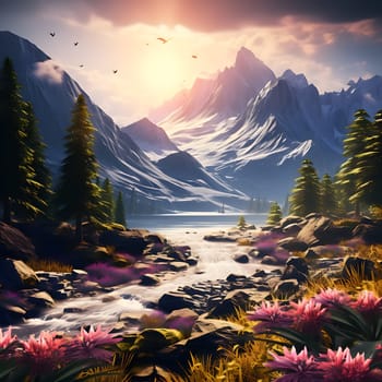 Illustration of a beautiful mountain landscape generated by artificial intelligence