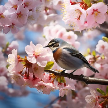 A bird sits on a branch between cherry blossoms generated by artificial intelligence