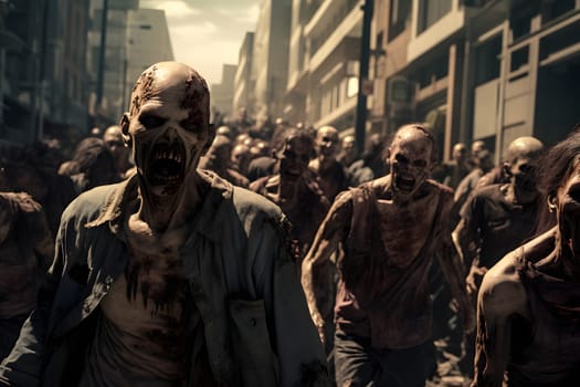 group of zombie walking slow at the city street at sunny day. Neural network generated image. Not based on any actual person, scene or pattern.