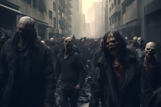 group of zombie walking slow at the city street at cloudy and foggy day. Neural network generated image. Not based on any actual person, scene or pattern.